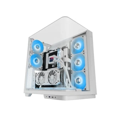 Image de MARS Gaming MC INFINIO, Boîtier ATX, Verre Trempé Courbé sans Cadre, 2X Ventilateurs ARGB 120mm, Montage Vertical Cartes Graphiques, Support Refroidissement Liquide Jusqu’à 360mm, USB C, Blanc
