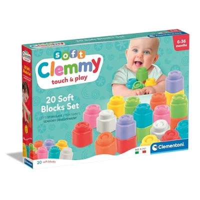 Image de Clementoni Soft Lot de 20 Set Construction pour Petite enfance, Briques Souples Clemmy, Blocs Enfants 6 Mois, Jeu sensoriel, empilables et lavables, fabriqués en Italie, 17989, Multicolore
