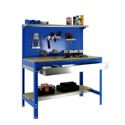 Image de SimonRack Etabli d’Atelier, Capacité de Charge 600 kg, 1445x1210x610 mm, Panneau Perforé avec 1 Étagère, Étagère Tiroir Rangement, Table Travail Bricolage, Bleu/Bois BT3