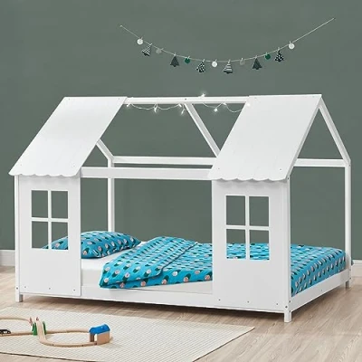 Image de [en.casa] Lit Cabane avec Fenêtres et Toit Enfant Forme Maison Design Sommier à Lattes pour Chambre d&#039;enfant en Bois de Pin Contreplaqué 140 x 200 cm Blanc