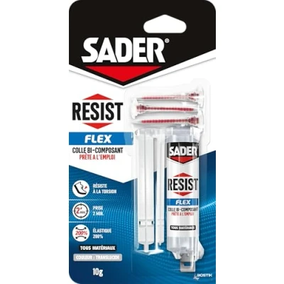 Image de Sader Resist Flex Colle Bi Composants de Réparation Tout Support Intérieur/Extérieur Couleur : Translucide 1 Seringue 10 g (+ 3 embouts mélangeurs)