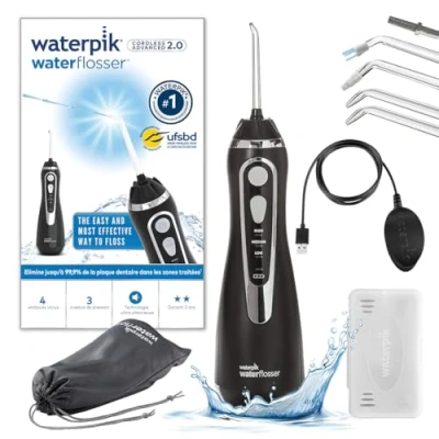 Image de Waterpik Advanced Hydropulseur Dentaire Sans Fil, Jet Portable Rechargeable avec Câble USB, Élimine la Plaque, 3 Niveaux de Pression, Noir (WP 582EU)
