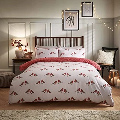 Image de Sleepdown Robin Parure de lit réversible en Coton brossé avec Housse Couette et taies d&#039;oreiller King Size (220 cm x 230 cm) Rouge