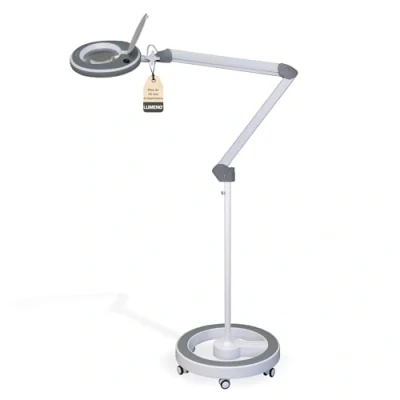Image de Lumeno 8215GR LED Lampe loupe pour poste de travail cosmétique, intensité lumineuse réglable, lentille en verre cristallin 127 mm, aide à la lecture/loupe, 5 dioptries avec pied roulettes