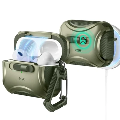 Image de ESR Coque pour AirPods Pro 2/1 (2023/2022/2019), Compatible avec 2e Génération (Câble USB C/Lightning), MagSafe sans Effort, Antichute, Ouverture Facile, Série Cyber, Vert