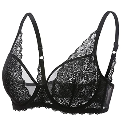 Image de DOBREVA Femme Soutien Gorge Minimiseur Forte Poitrine Transparent avec Armature Dentelle Bralette Noir 85E