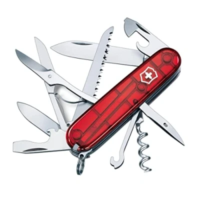 Image de Victorinox Huntsman Couteau de Poche Suisse, Léger, Multitool, 15 Fonctions, Tire Bouchon, Grand Lame, Ouvre Boite, Bleu Transparent