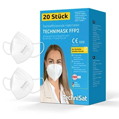 Image de TechniSat TECHNIMASK FFP2 Maschera protettiva per le vie respiratorie certificate CE (dermatologicamente testata, 5 strati con 3 pile Meltblown, 100% Made in Germany) colore: Bianco