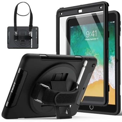 Image de JETech Coque pour iPad 9,7 Pouces (6ème/5ème Génération, Modèle 2018/2017) avec Protection D&#039;écran Intégré, Housse Étui de Antichoc, 360 Degrés Rotative Support Dragonne (Noir)