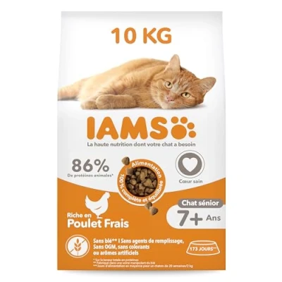 Image de IAMS Vitality Croquettes Premium Chats séniors savoureuses complètes équilibrées Favorise Forme et Longévité Au poulet frais Sans OGM colorant arôme artificiel Sac refermable 10 kg