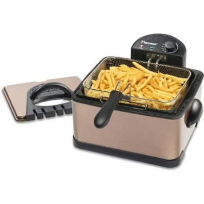 Image de Bestron friteuse à Huile XL avec 3 paniers Technologie de Zone Froide et réservoir d&#039;huile Amovible 4 litres Passe au Lave Vaisselle 2000 W Acier Inoxydable Cuivre DF402CO