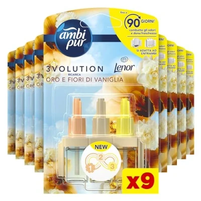 Image de Ambi Pur 3Volution Or et Fleurs de Vanille Recharge Désodorisant avec diffuseur électrique 20 ml, 3 parfums différents pour éliminer les odeurs, 9 pièces
