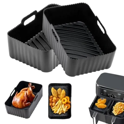 Image de Moule Air Fryer Silicone pour Ninja Foodi AF400EU AF300EU 9.5L Accessoires Réutilisable Plat Fryer, Noir 2 Pièces