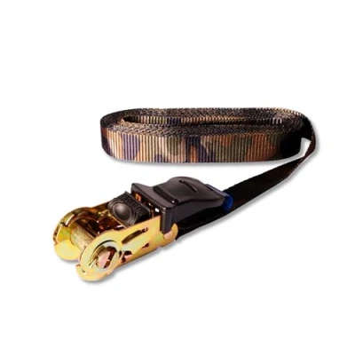 Image de Docks Sangle Polyester avec Tendeur à Cliquet Protection Caoutchouc Tension Maximale d&#039;Utilisation 350 kg Largeur 25 mm Longueur 5 m Camouflage