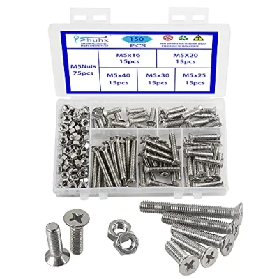 Image de Rshuhx 150pcs M5 Boulons et écrous en Acier Inoxydable 304 Croix Vis à Métaux Tête Fraisée Outils de Réparation Fixations Kit D&#039;assortiment pour Lit Bébé Têtes Chaises Meubles
