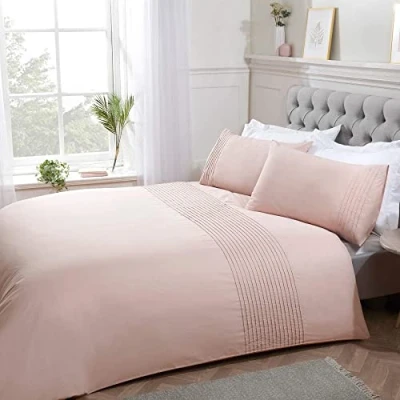 Image de Sleepdown 5056242764243 Parure de lit plissée avec Housse Couette et taies d&#039;oreiller Rose pâle Facile d&#039;entretien, Douce Confortable Super King Size (220 x 260 cm), Polycoton