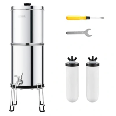 Image de VEVOR Système de Filtration d&#039;Eau par Gravité 8,5 L, Filtre à Eau Réduction du Plomb et jusqu&#039;à 99% Chlore, en Inox 304, avec 2 Filtres Charbon Céramique, Robinet Support