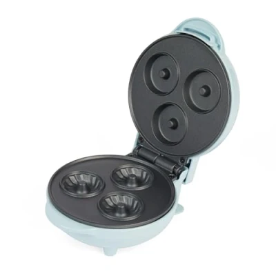 Image de Petra PT4693BLNVDE Mini Donut Machine 3 petits Donuts, plaque antiadhésive de 12,5cm, design rétro, préchauffage 2 minutes, nettoyage facile, Fête à collations, 550W, bleu pastel