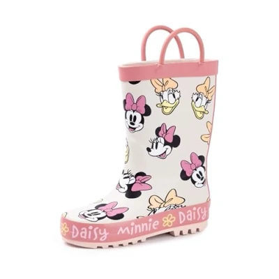 Image de Disney Minnie Mouse Bottes en caoutchouc pour filles avec poignée enfants &amp; Daisy Character All Over Print Beige Rose résistantes