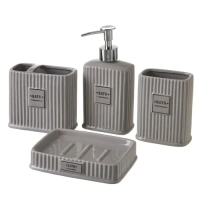 Image de Ensemble d&#039;accessoires Salle de Bain 4 pièces, Set avec Distributeur Savon en céramique Coloris Gris JUANIO