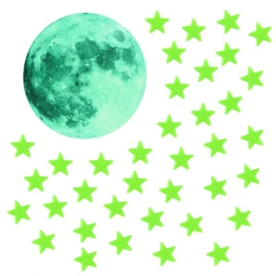 Image de Lot de 100 étoiles fluorescentes, 1 lune fluorescente, autocollants phosphorescents, couverture d&#039;étoiles lumineuses dans l&#039;obscurité, réfléchissants en forme