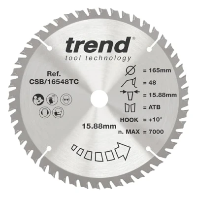 Image de Trend Lame de Scie Circulaire sans Fil pour Bois, 165 mm Diamètre, 15,88 d&#039;Alésage, 48 Dents, TCT, 1,6 Trait Scie, +15 Crochet, CSB/16548TC