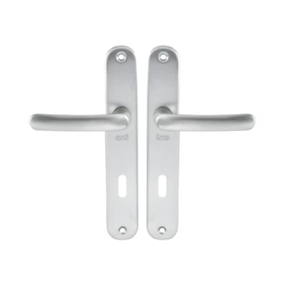 Image de Vachette Set de Poignée Porte sur Grande Plaque Version Clé L, Chambre, Bureau Entraxe 195 mm Système Pose Facile Aluminium Résistant Finition Argent Garantie 2 Ans