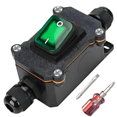 Image de Interrupteur en ligne étanche IP65 12 V DC 20 A DPST 4 broches : à câble bascule avec lumière LED verte Touches joystick des deux côtés Entrée et sortie