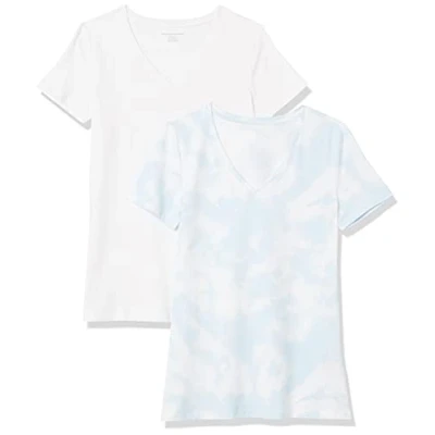 Image de Amazon Essentials T Shirt Col en V, à Manches Courtes, Coupe Standard Femme, Lot de 2, Blanc/Bleu Tie dye, L