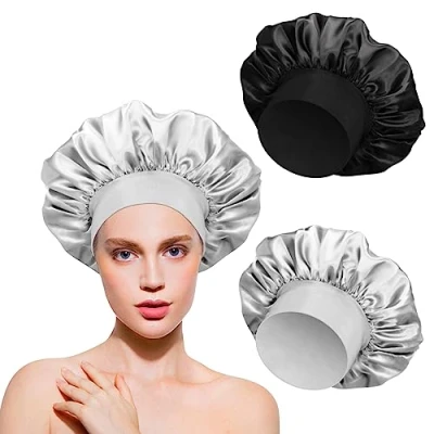 Image de 2pcs Bonnet Satin Soie Nuit Femme pour Soin des Cheveux Longs Spa Dormir Masque (Noir Gris)