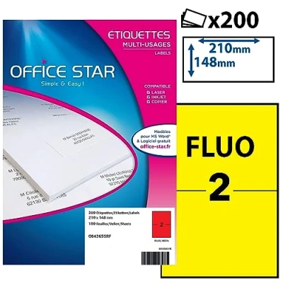 Image de OFFICE STAR 200 Étiquettes Autocollantes Multi Usages Jaunes Fluo Personnalisables Imprimables Format 210 x 148 mm Impression Laset Jet d&#039;Encre et Copieur