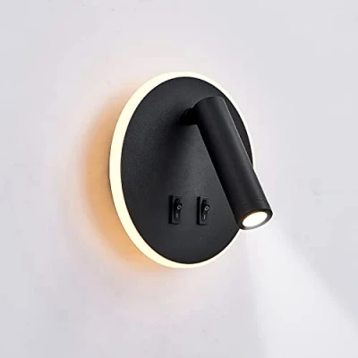 Image de uksunvi applique LED, de lecture chevet, liseuses murales LED 12W, spot orientable （3W + 9W 3000K lumière chaude） noir (Forme ronde)