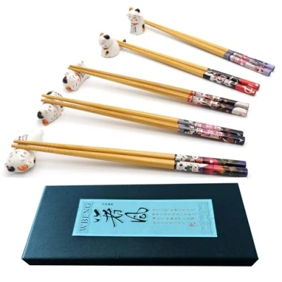 Image de Ensemble de 5 paires baguettes et repose baguettes, porte chat bonheur mignon chats, réutilisables naturelles en bambou style japonais classique, lave vaisselle