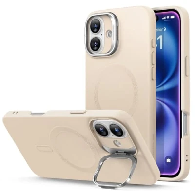 Image de ESR Coque pour iPhone 16 Plus, en Silicone avec Support, Compatible MagSafe, Support Caméra Intégrée, de Téléphone Magnétique Série Cloud, Beige Clair