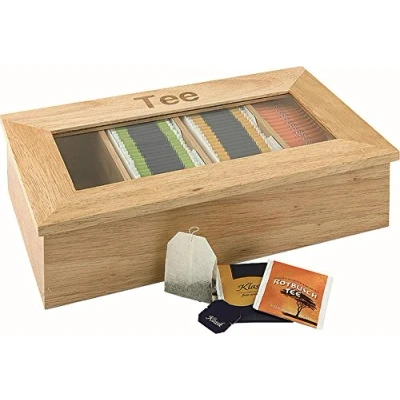 Image de APS boîte à thé en Bois avec fenêtre, de Rangement pour sachets thé, 4 Compartiments 30 enveloppés, léger, Inscription „Tee (= thé)