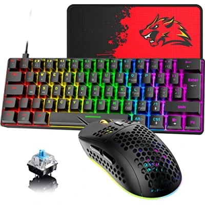 Image de clavier et souris de jeu filaires 60 % britanniques, mini mécanique compact, 19 touches anti ghosting rétroéclairées arc en ciel + 6 RVB 6400 DPI légère