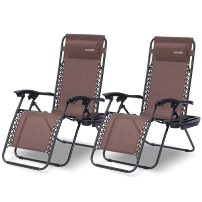 Image de SereneLife Set de 2 Chaises Pliantes Chaise Longue Réglable pour Extérieur avec Table Latérale, Porte Gobelets, Oreillers Amovibles Patio, Jardin, Plage Chocolat