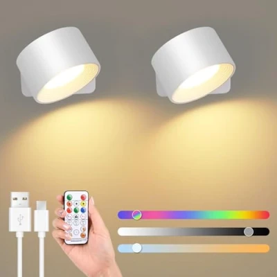 Image de GuKKK Applique Murale Interieur RGB, Lot de 2 Appliques Murales LED d&#039;intérieur, Rotation à 360Applique avec Port USB Contrôle Tactile, 16 Niveaux Luminosité 3 Températures (Blanc)