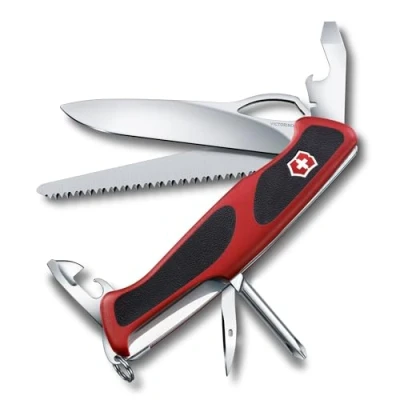 Image de Victorinox Ranger Grip 78 Couteau de Poche Suisse, Multitool, 12 Fonctions, Lame Fixe, Ouverture Une Main, Rouge/Noir