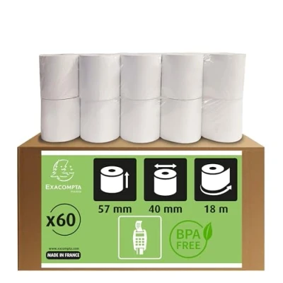 Image de Exacompta Réf. 40753E Carton de 60 bobines pour tickets carte bancaire largeur 57 mm x diamètre 40 mandrin 12 1 pli thermique 55g/m² sans Phénol Métrage (+/ 2m) : 18 m Blanc