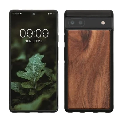 Image de kwmobile Housse Compatible avec Google Pixel 6acoque Étui de Protection Rigide en Bois Cadre TPU Marron Vintage