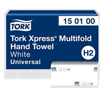Image de Tork Xpress Essuie mains interfoliés 150100 Papiers d&#039;essuyage pliés en Z qualité Universal pour Distributeur H2 papier 1 pli blanc 21 x 230 feuilles, Moyen