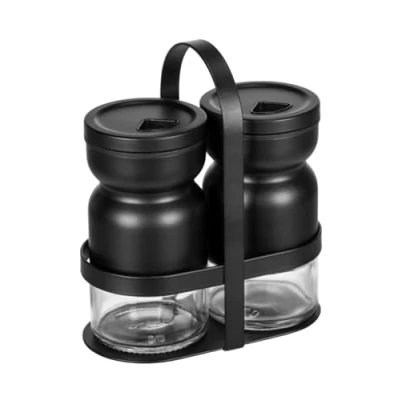 Image de WENKO Ménagère à épices Melli, 3 pièces, 2 saupoudreuses et 1 Support, pour Grains Fins Grossiers, récipients en Verre, Couvercle Support métal thermolaqué, Transparent/Noir
