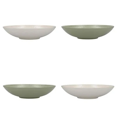 Image de KitchenCraft Assiettes Creuses en Grès Émaillé, Livrés dans un Coffret Cadeau, 22 cm, Lot de 4, Motif Spirale, Vert / Beige