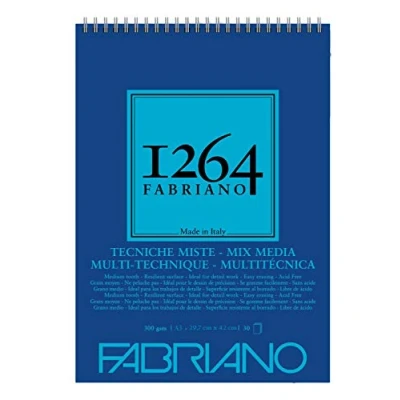 Image de FABRIANO Honsell 19100644 Mix Media 1264 Bloc à Spirales, 300 g/m², Format A3, 30 Feuilles de Papier Blanc Naturel, Grain Moyen, sans Acide, Convient Toutes Les Techniques diverses, Set 40 Pièces