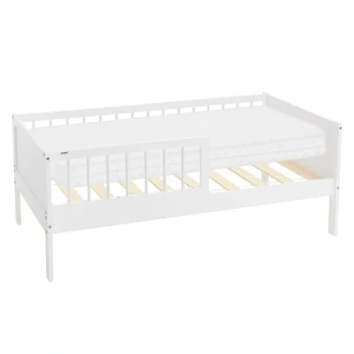 Image de ML Design Lit d&#039;enfant Simple avec Matelas 70x140 cm, Blanc, en Bois de Pin, Sommier à Lattes et Protection Contre Les Chutes, Cadre pour Garçons &amp; Filles, Matériel Montage Inclus