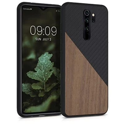 Image de kwmobile Coque Compatible avec Xiaomi Redmi Note 8 Pro Housse en Bois et Fibre Carbone Brun foncé Noir