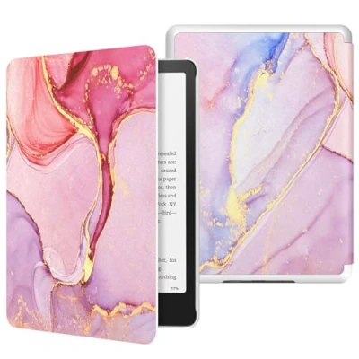 Image de MoKo Étui Compatible avec 7&quot;Kindle Paperwhite 12th Gen 2024&amp;Kindle Colorsoft Signature Edition 2024, Coque de Protection Légère Auto Wake/Sleep pour Kindle Marbre Rose Clair Doré
