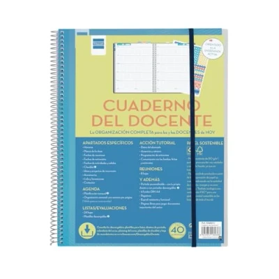 Image de Finocam Carnet d&#039;enseignant semaine par page en espagnol avec autocollants et pochettes transparentes, feuilles de listes d&#039;évaluations section tutorat. Idéal pour l&#039;organisation scolaire.