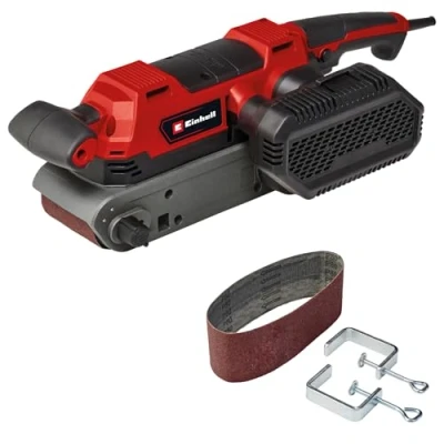 Image de Einhell Ponceuse à bande TE BS 850 E (850 W, vitesse 400 m/min, réglage fin de la course bande, système d’aspiration des poussières, permet aussi un usage stationnaire, avec accessoires)